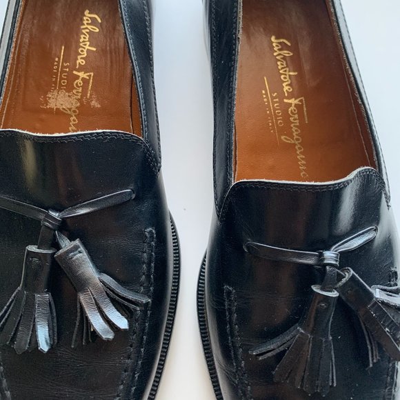 Salvatore Ferragamo Black Leather Tassel Flat Loafers Slip On 8D Made in Italy - Picture 9 of 13